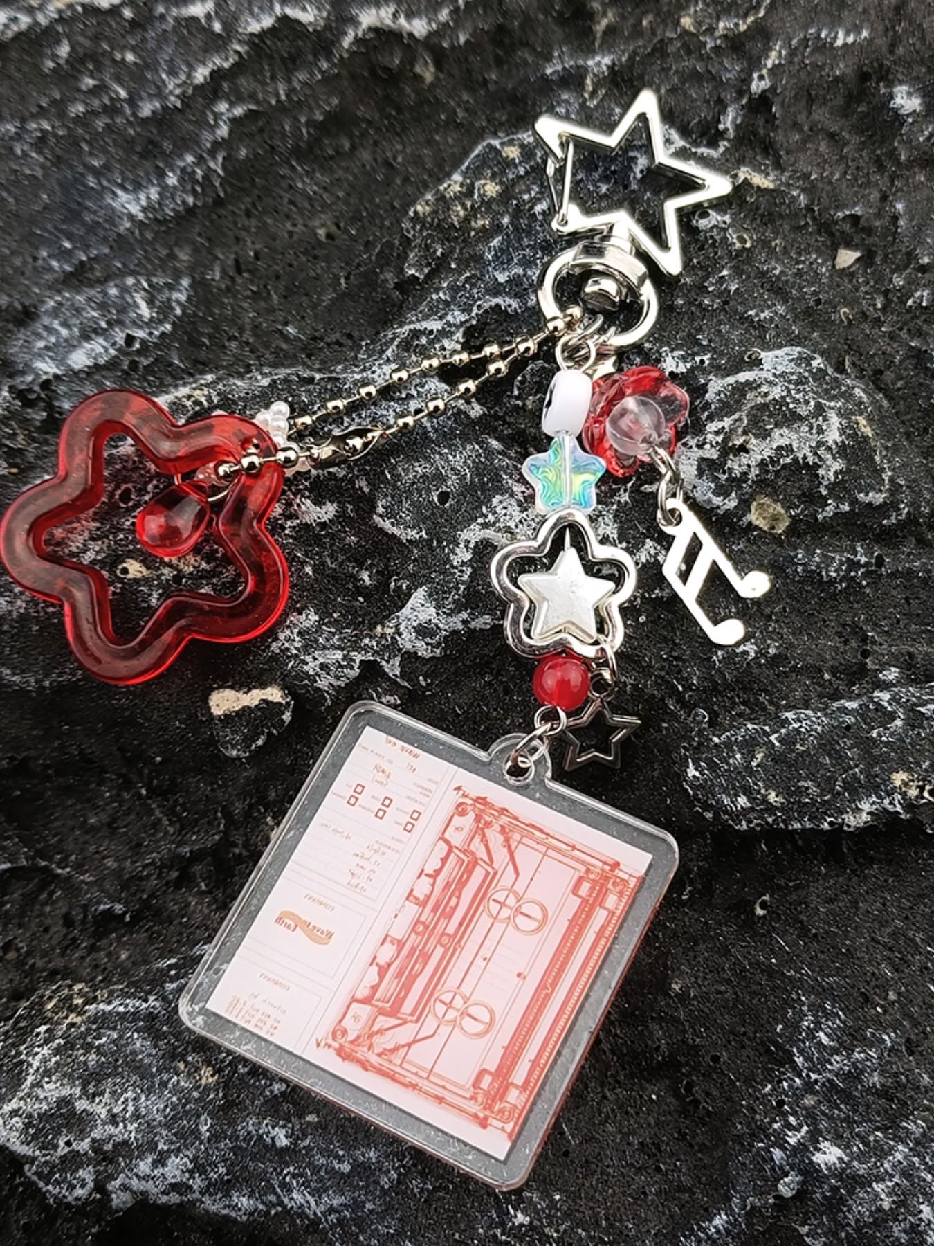 Multielement Star Keychain, Sweet Cool Y2K Style, Blue Dual Color Options, Transparent Star + Note Pendant + Album Card Holder, Unique Design