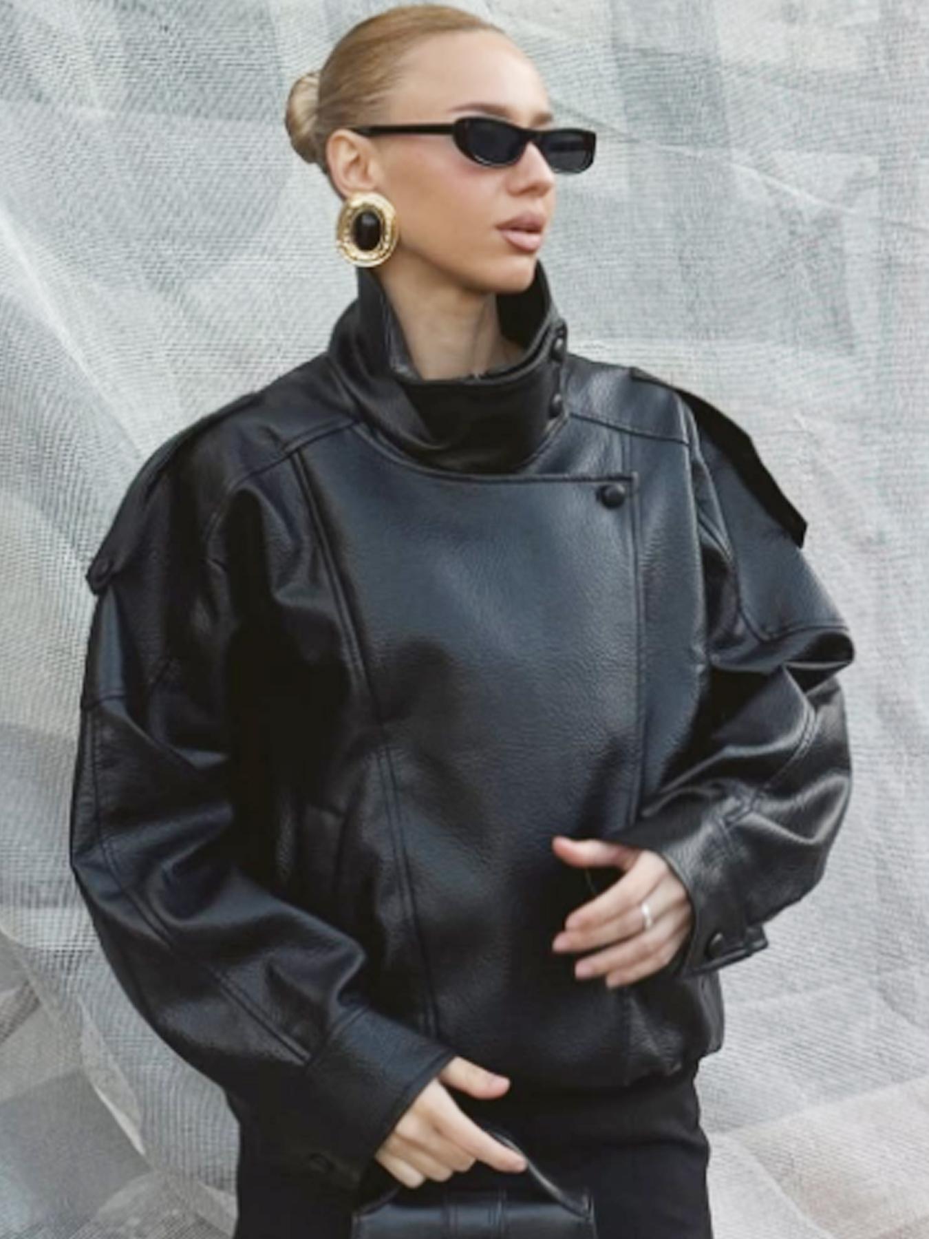 Fashion Oversized Asymmetrical Zip Motorcycle Jacket, Coats