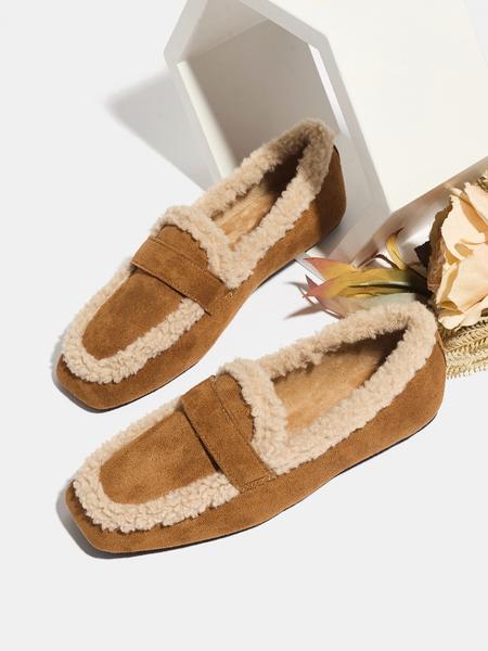 Women's Fall Winter PU Leather Casual Loafers, American Retro Style Furry Slip-On Shoes, Soft Rubber Sole, Warm & Comfortable Design