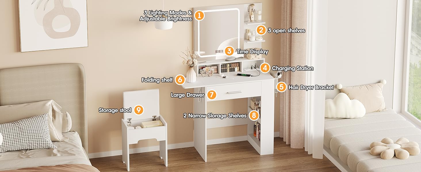 Vabches Vanity Desk with Mirror and Lights, Small Makeup Vanity with Drawer & Lots Storage Shelves, White Vanity Table with Charging Station & Time Display, Vanity Set with Chair, for Bedroom
