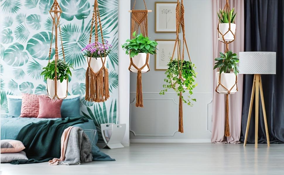 6-Pack Handmade Woven Plant Pot Hangers, Indoor And Outdoor Flower Pot Hanging Baskets, Handmade Woven Plant Hanging Stands, Suitable For Bohemian Home, Patio, And Garden Decoration (Plants And Flower Pots Not Included)