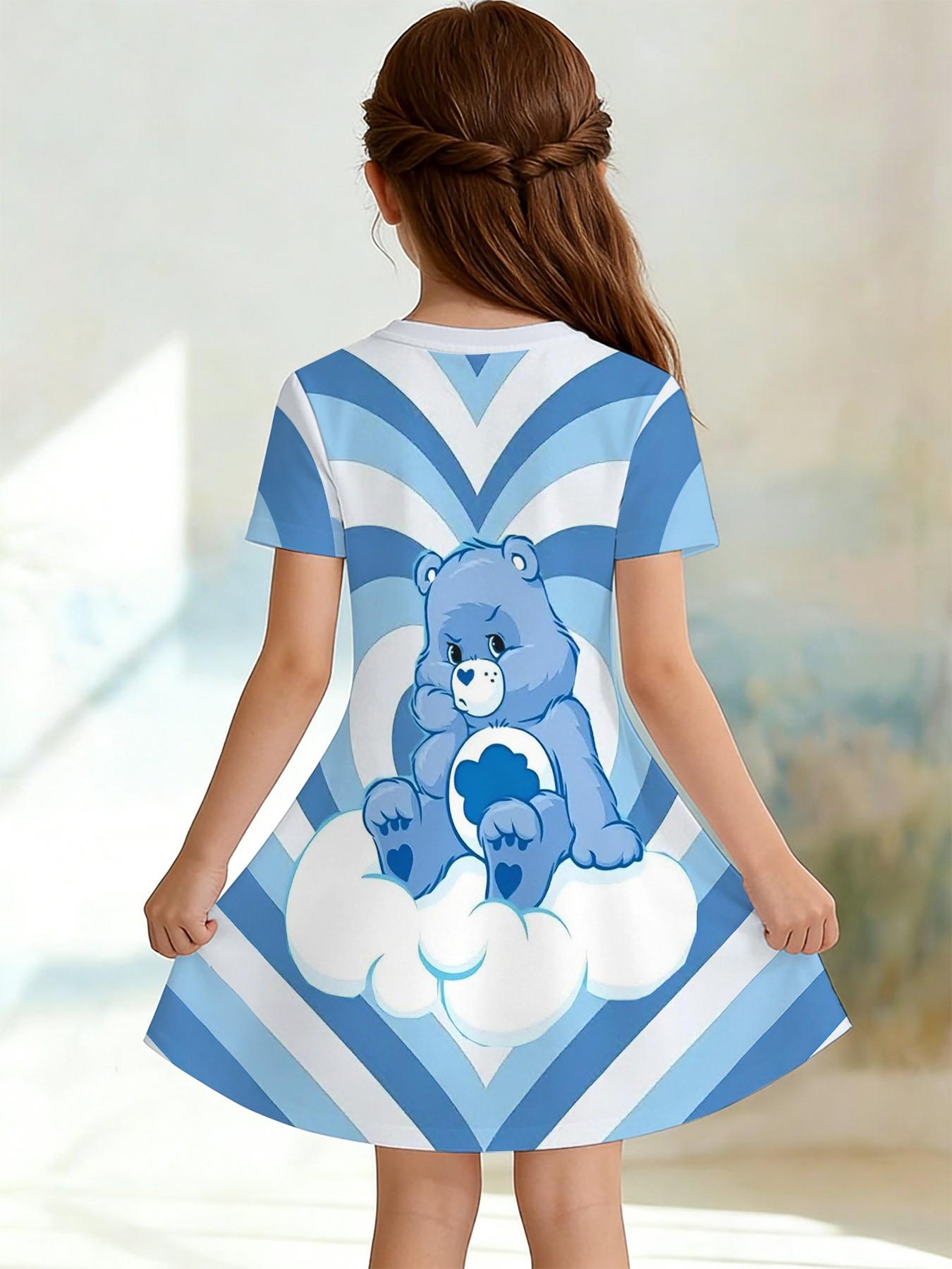 Girls' Heart Bear Night Owl A-Line Dress, Cartoon Healing Short Sleeve Dress, Fashion Outdoor Wear, Birthday Gift, Holiday Gift