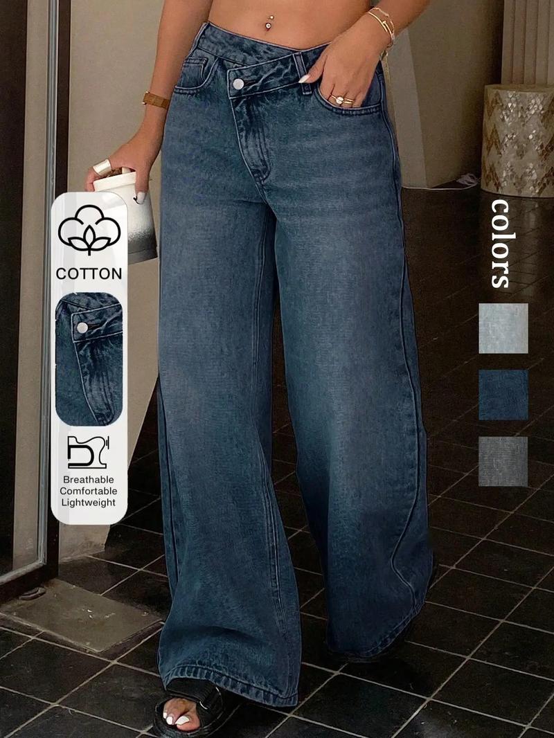 Women's Asymmetrical Low Waist Wide Leg Jeans, Zipper Pocket Design, Casual Fashion for All Seasons, Limited Time Purchase