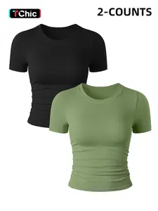 Women's 2-Pack Sporty Short Sleeve T-Shirts, Seamless Round Neck Yoga Tops, Tight-Fitting Woven Fabric, Ideal for Gym & Fitness Activities