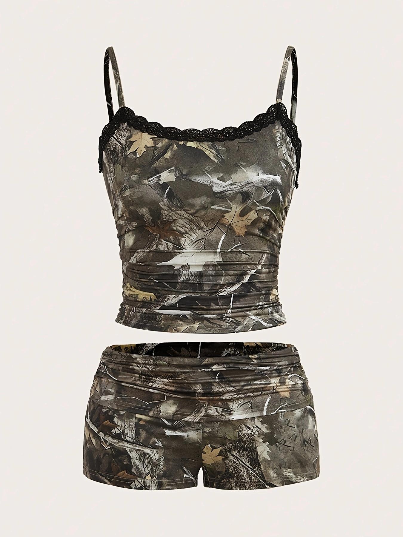 Women's Camo Print Cami Top & Shorts Two-Piece Set, Casual Fashion Cozy Two Piece Outfits for Daily Outdoor Wear, Ladies Clothes for All Seasons