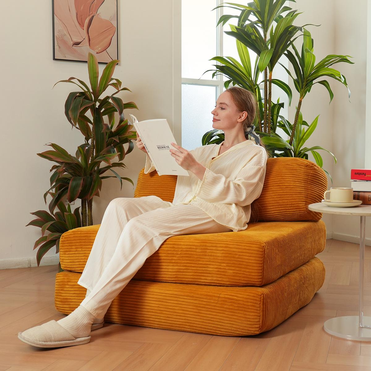 Modularization Folding Sofa Bed, Convertible,  SleeperSleeper Chair with Pillow Foldable Mattress with Back Support, Portable Fold Out Chair Bed Comfy Floor Sofa Lounge for Living Room Bedroom, Beige, Single