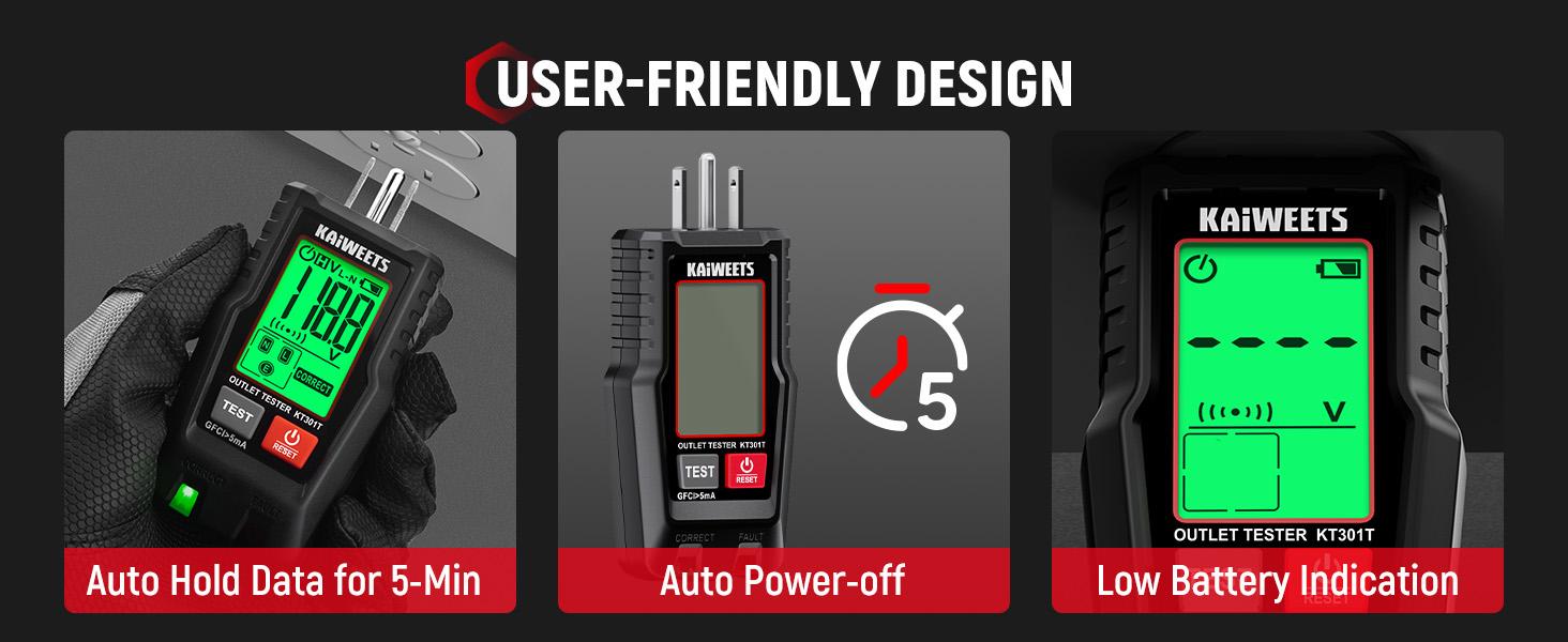 GFCI Outlet Tester with LCD Display, 3-Prong Receptacle Wiring Detector, Voltage Checker, Auto Hold, Diagnostic Tool for 120V AC Home Outlets