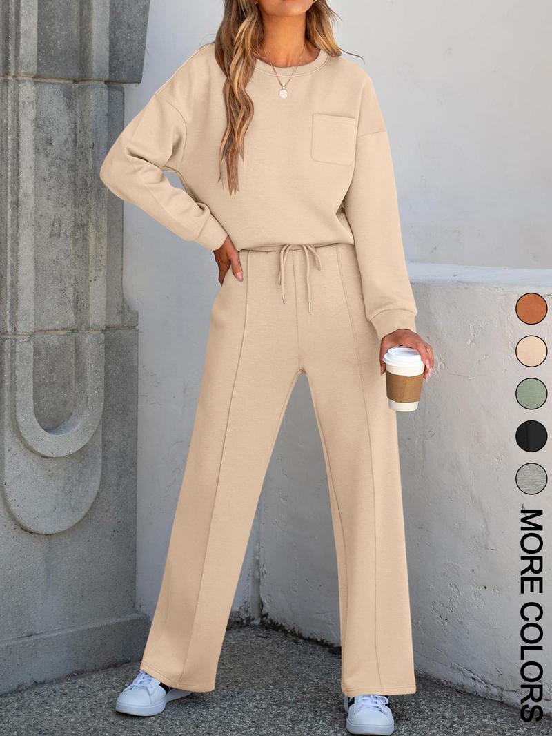 2-Piece Women's Casual Long Sleeve Pocket Sportswear Set, Stylish Comfortable Wide Leg Athletic Set for All Seasons