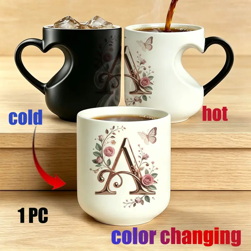Elegant Rose Gold Floral Initial Color Changing Ceramic Printed Drinkware Coffee Mug, Heat Sensitive Magic Coffee Cup, Unique Personalized Gift for Friends & Family, Ceramic Cups, Ceramic Mugs