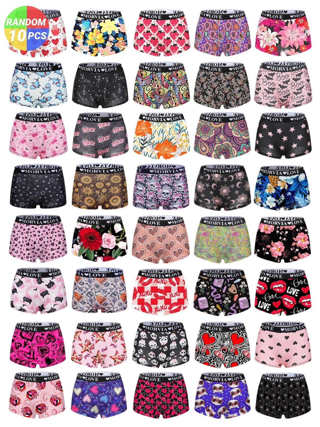 10-Pack Random Women's Cartoon Printed Daily Casual Elastic Knit Underwear Set, Soft Comfortable Fitted Panties, Elastic Waistband, All-Season Wear, Random Blind Box Pack, Soft Stretch Underwear