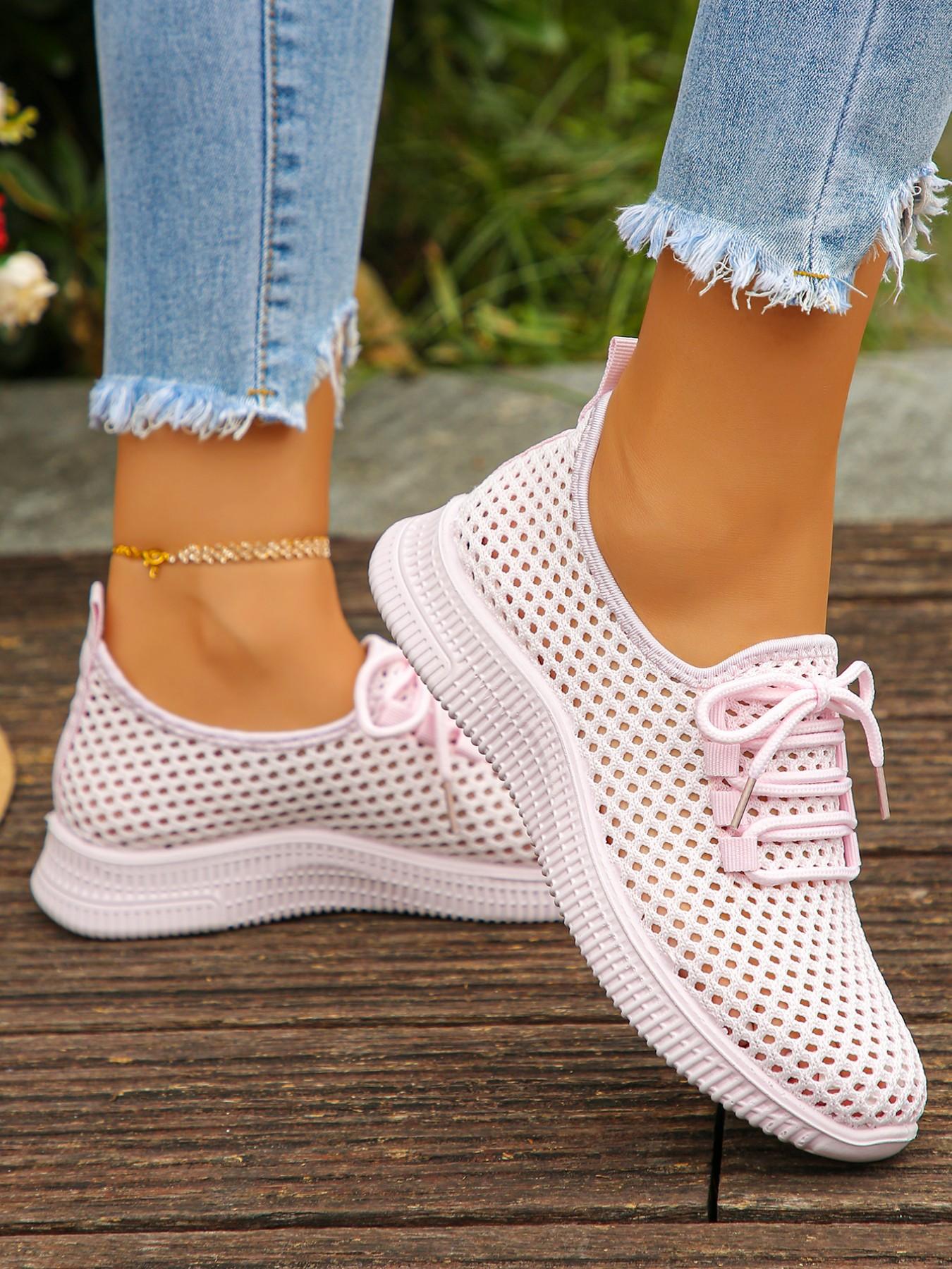 Women's Breathable Mesh Sneakers, Casual Sport Shoes with Lacing Design, Thick Sole Shock Absorption, Ideal for Spring Summer Daily Use