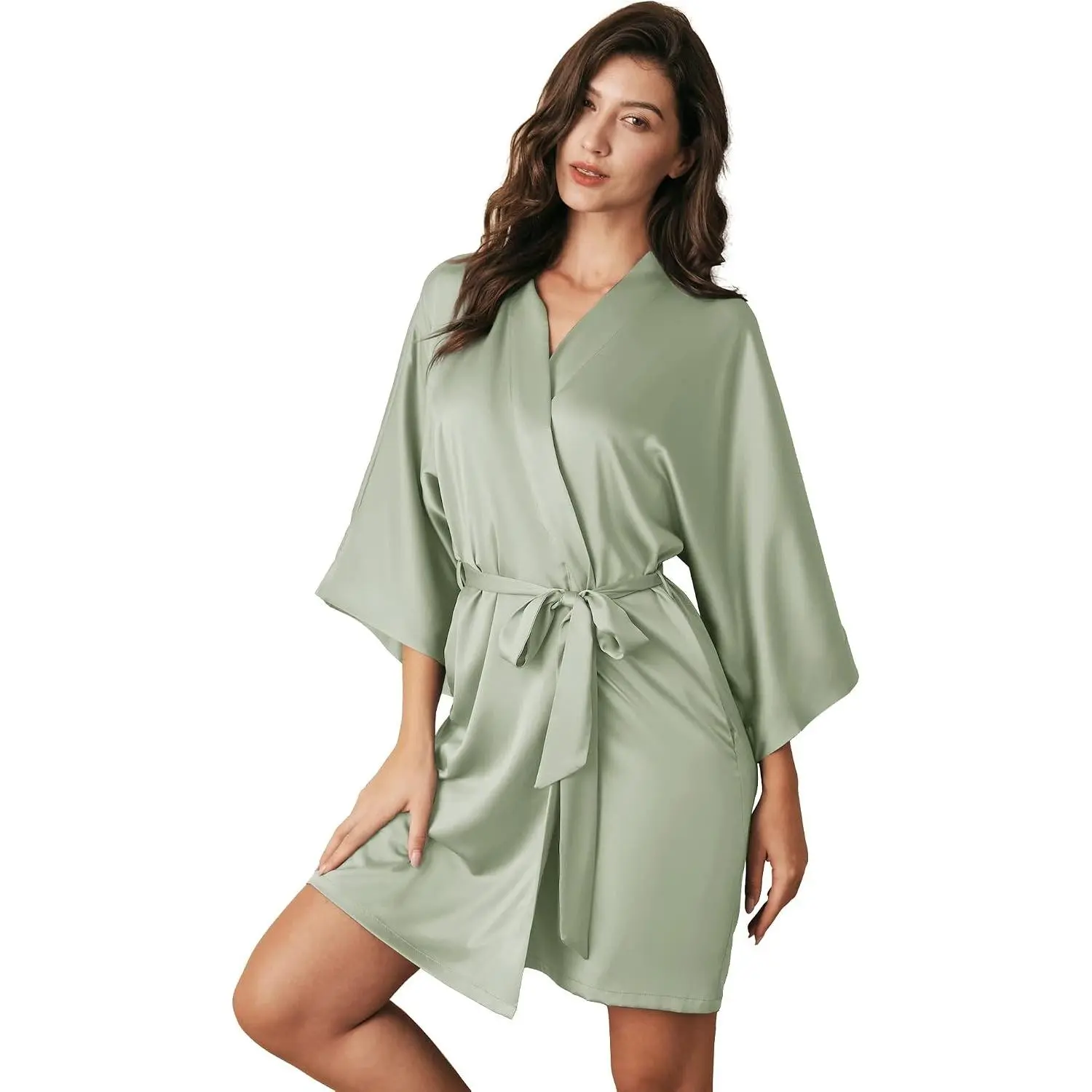 Silk Robes for Women, Short Bridesmaid Robes for Bridal Wedding Party, Bride Satin Bathrobe with Long Sleeve
