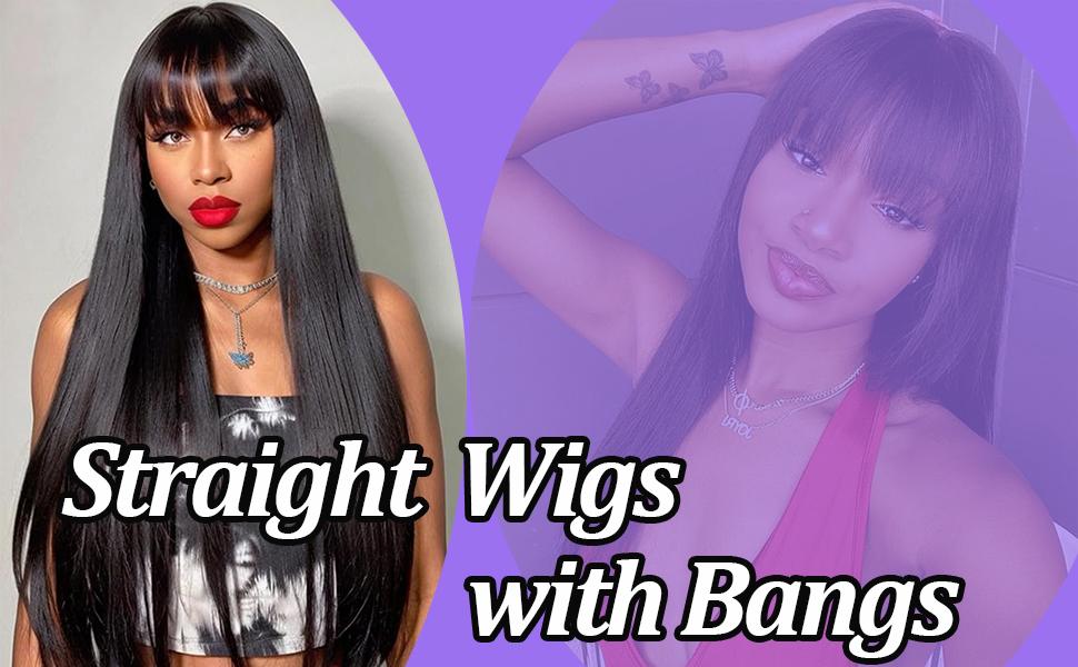 [New Upgrade With Drawstring] CheetahBeauty Glueless Wigs Straight 2×4 Lace Closure Wig Human Hair with Bangs Upgraded Drawstring Loose Body 180% Density Brazilian Virgin Human Hair for Women Natural Black