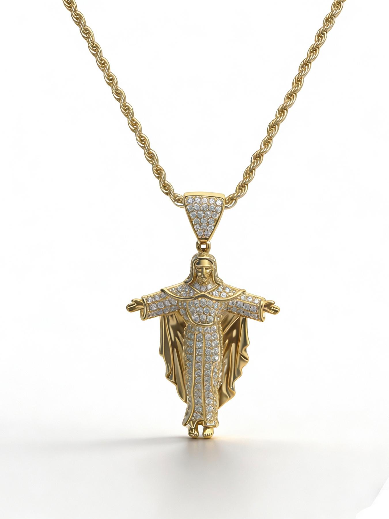 16K Copper Inlaid Zircon New Hip-hop Portrait Cross Pendant Necklace # Jewelry / Stainless Steel Chain / Colorfast / Hypoallergenic / Couple / Festival / Party / Ideal Gift