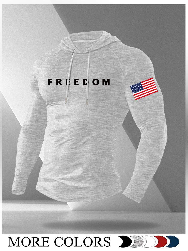 Men's Cartoon Print Hooded Long Sleeve T-Shirt, Casual Fitted Gym Workout Top, Fall Fashion, Moderate Fabric, H-Type Silhouette