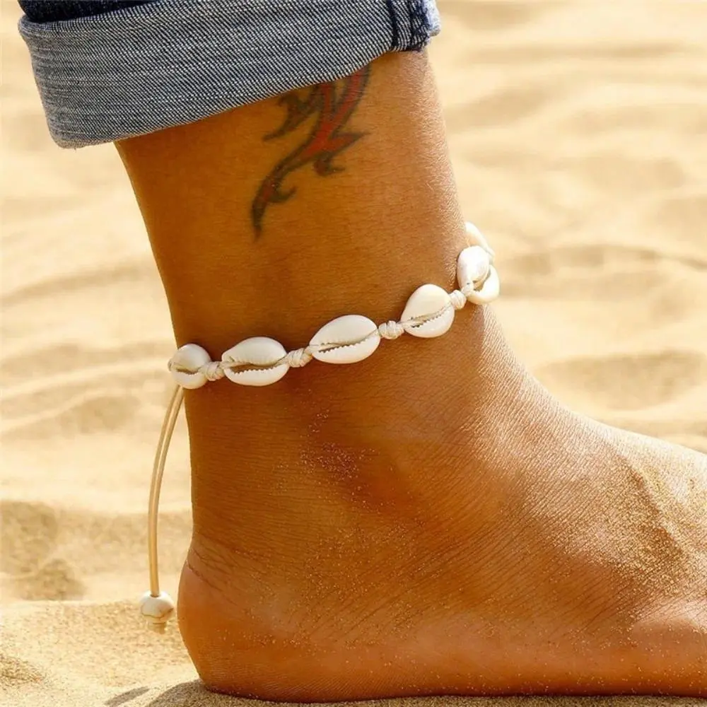 Summer Beach Shell Ankle Bracelet, Handmade Braided Adjustable String Seashell Anklets For Women Jewelry