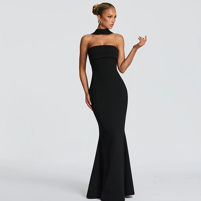 Women‘s Black Tie-neck Dress, Solid Ruched Sleeveless Strapless Backless Tube Dress & Halter Neck Scarf Ribbon Two-piece Set, Plain Back Zipper Maxi Long Dresses, Sexy Cocktail Party Club Date Evening Gown Wedding Guest Mermaid Dress Outfit For Ladies