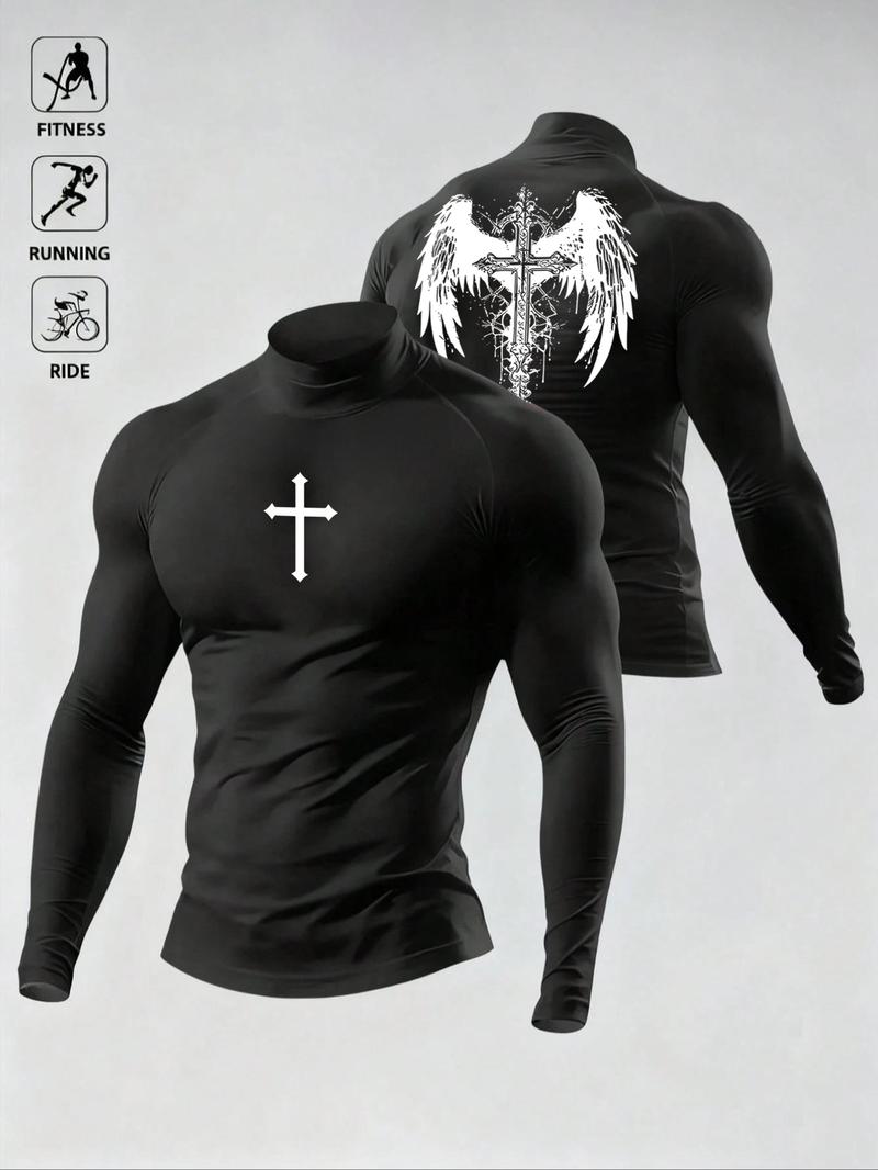 Men's Casual Breathable Fitted Long Sleeve Sports T-Shirt, Compression Top with Turtle Neck Design, Fitness Long Sleeve Shirt, Gym Athletic Clothes