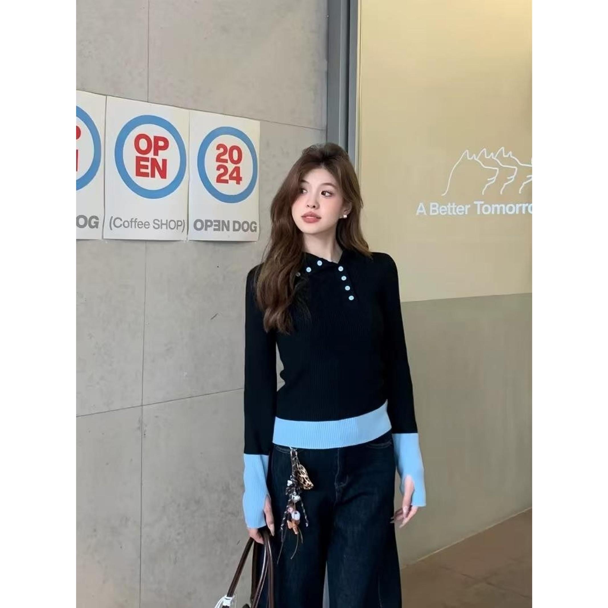 2000s Women Black Gothic V-Neck Knitwear Pullover Long Sleeve Patchwork Knit Sweater Harajuku Vintage 2000s Emo Sweater Clothes Autumn Womenswear Tops