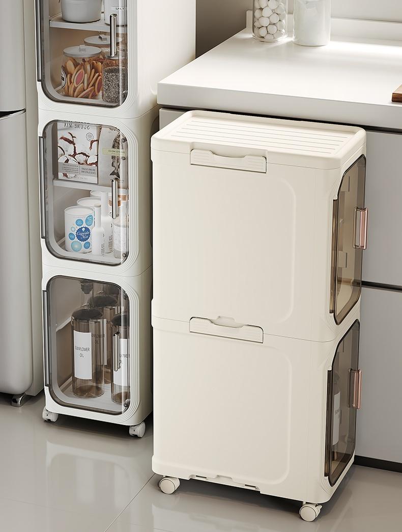 UFORU four-layer tall and narrow storage cabinet, made of plastic, with a slim design, doors and adjustable shelves, wheels, stackable and foldable, suitable for small spaces, bathrooms and kitchens.