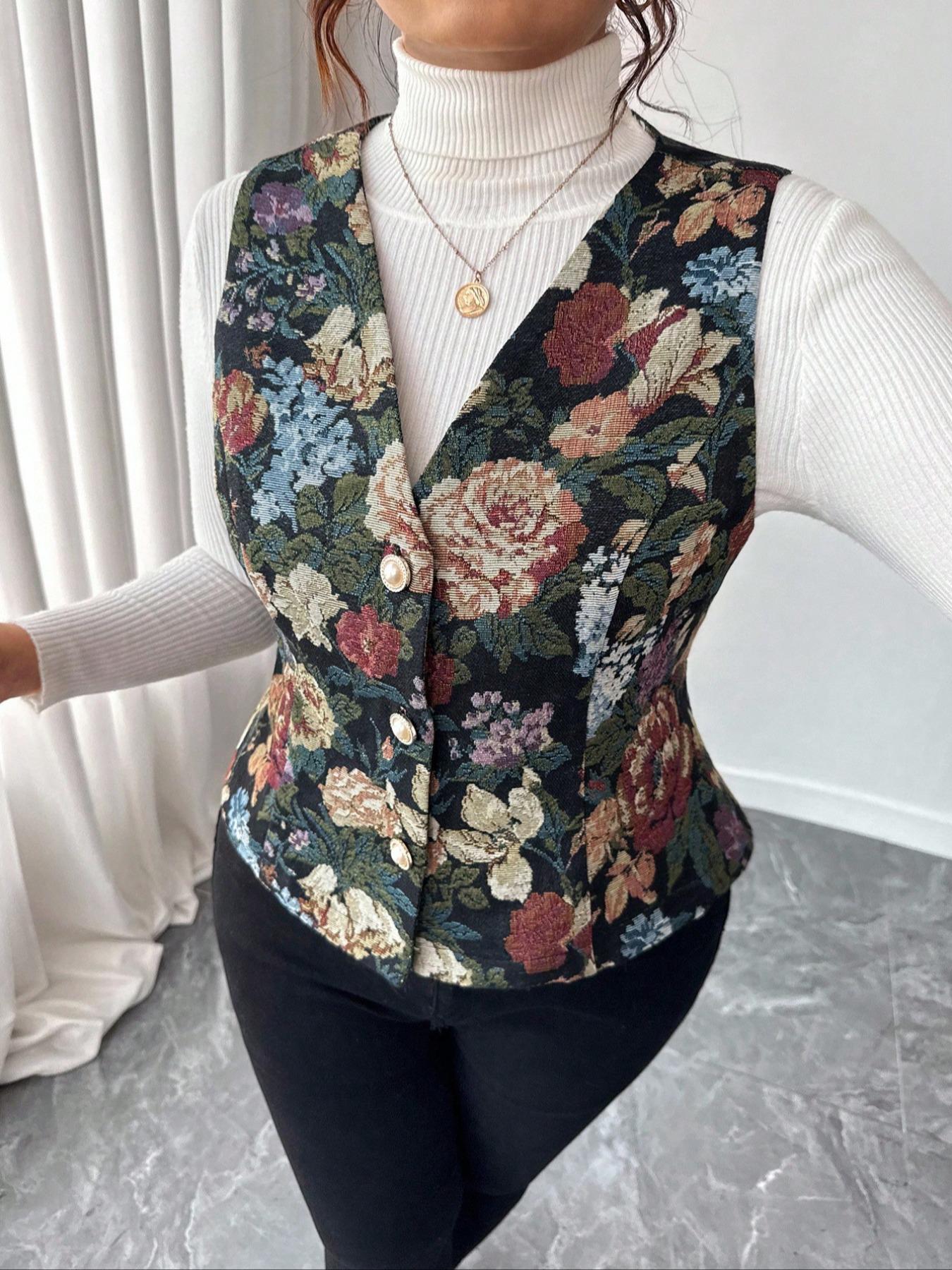 Women's Plus Size Casual Ethnic Pattern Vest Top, Sleeveless Vintage Button Design, Perfect for, Parties, Daily Wear
