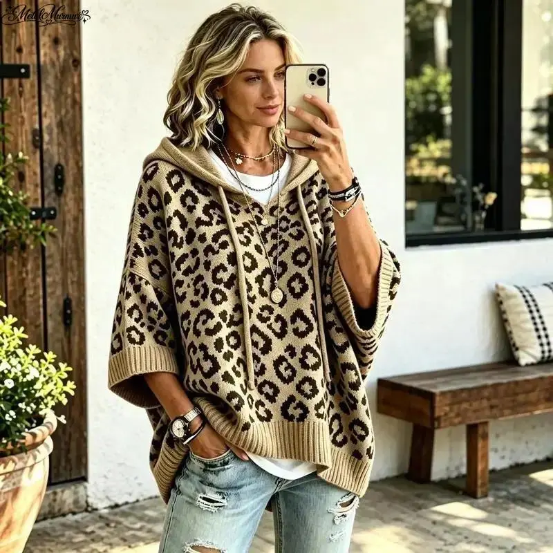 Women's Oversized Leopard Print Hooded Knit Top, 3/4 Sleeve Drawstring Pullover Hoodie, Retro Streetwear Fall & Winter Top