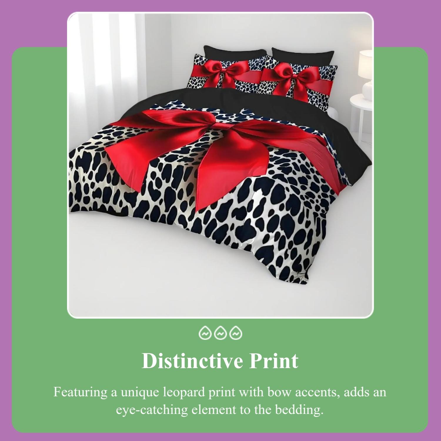 3pc Leopard Print Bedding Set, Soft Bedding Sets, leopard print and bow duvet cover Set, including 1 duvet cover and 2 pillowcases, a gift for friends, suitable for single beds and double beds, multiple sizes available, perfect for bedrooms, dormitories
