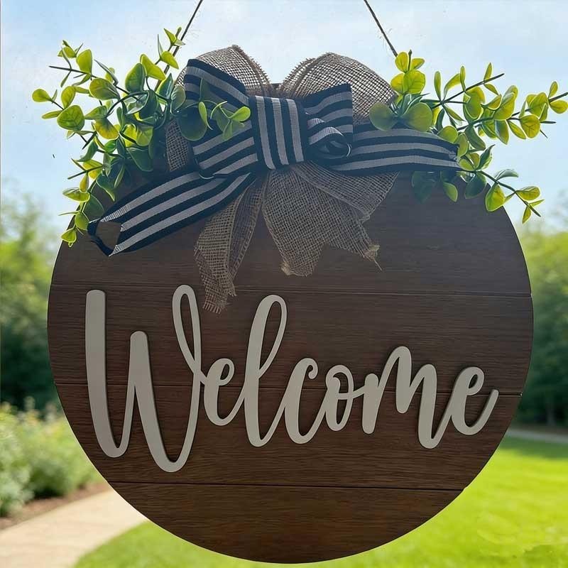 12-Inch 3D Front Door Welcome Sign, Farmhouse Style Porch Decor, Nail Rustic Wreath, Round Wooden Hanging Ornament, Moving Gift