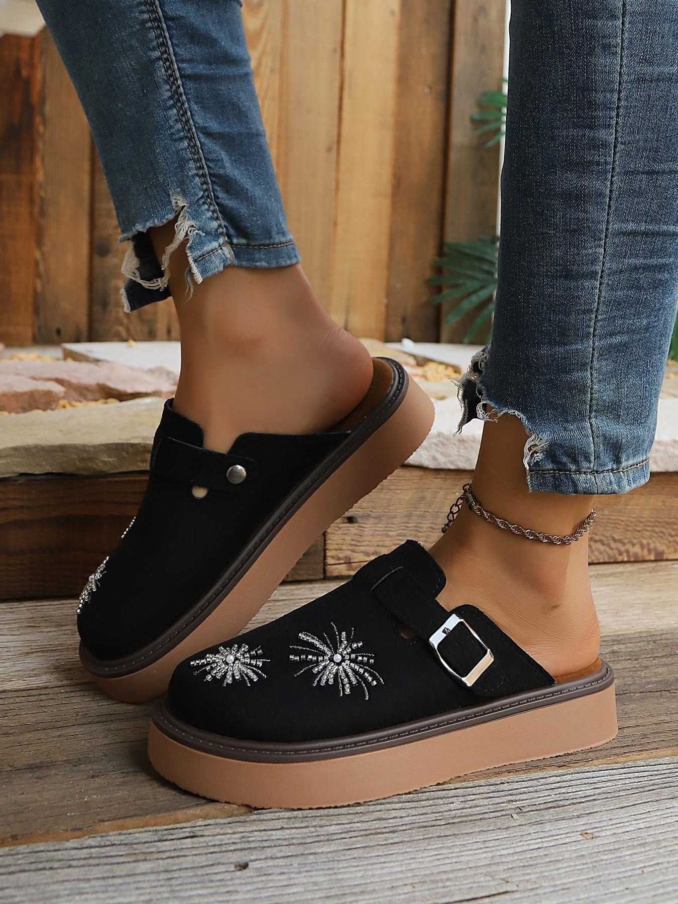 New Vintage Fashion Comfortable Large Size Rhinestone Fireworks Buckle Slip-On Shoes, Versatile Multi-Function Casual Women's Thick Soled Mules