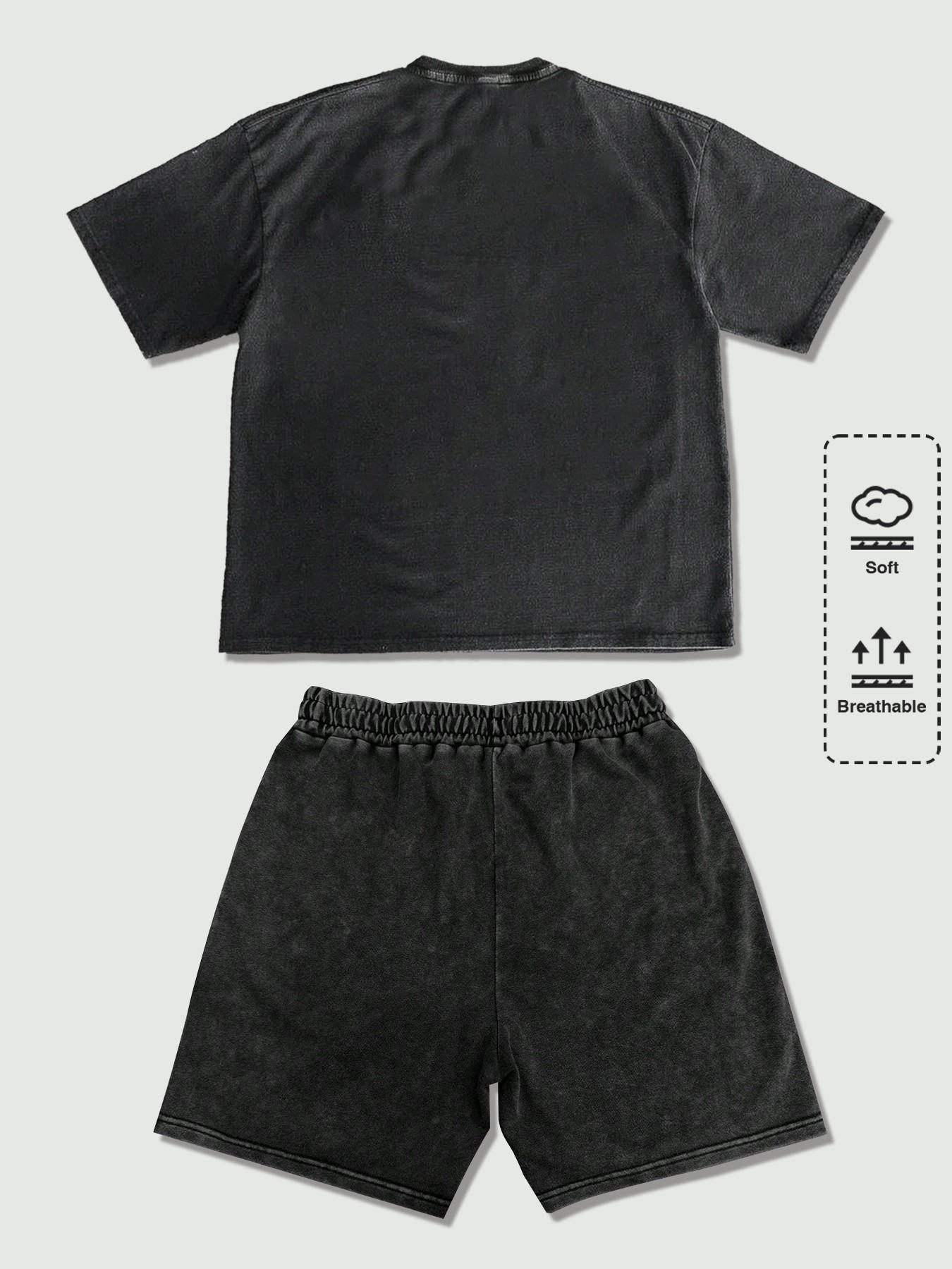 Edgy Darkwear X-Ray Print 2 Piece Outfit Breathable Soft Cotton Distressed Tee and Shorts Set Graphic Streetwear Set for Urban Techwear and Casual Daily Wear