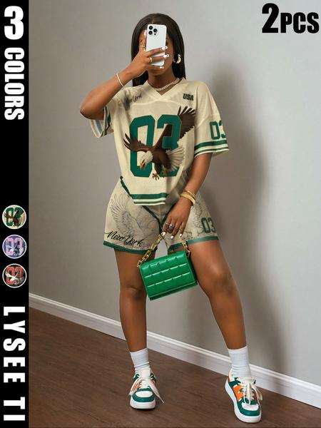 2-piece set of new spring and summer casual street sports style V-neck short sleeved loose fitting size 03 "USA" slogan green striped T-shirt+five point apricot mesh shorts set