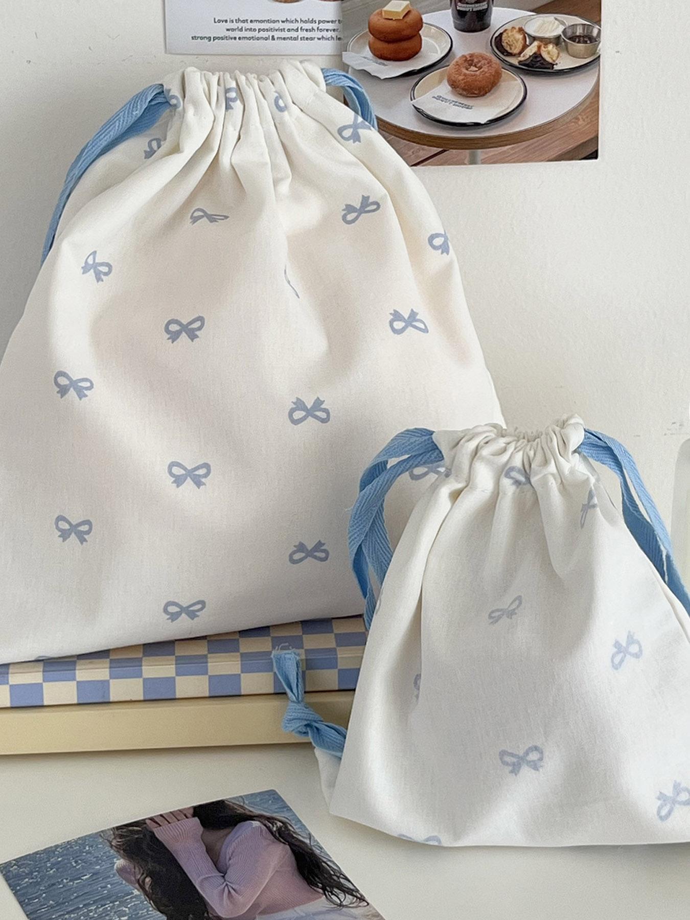 Sweet Bow Print Storage Bag Drawstring Backpack Cute Student Portable Travel Digital Organizer Hanging Bag New Year Valentine's Gift