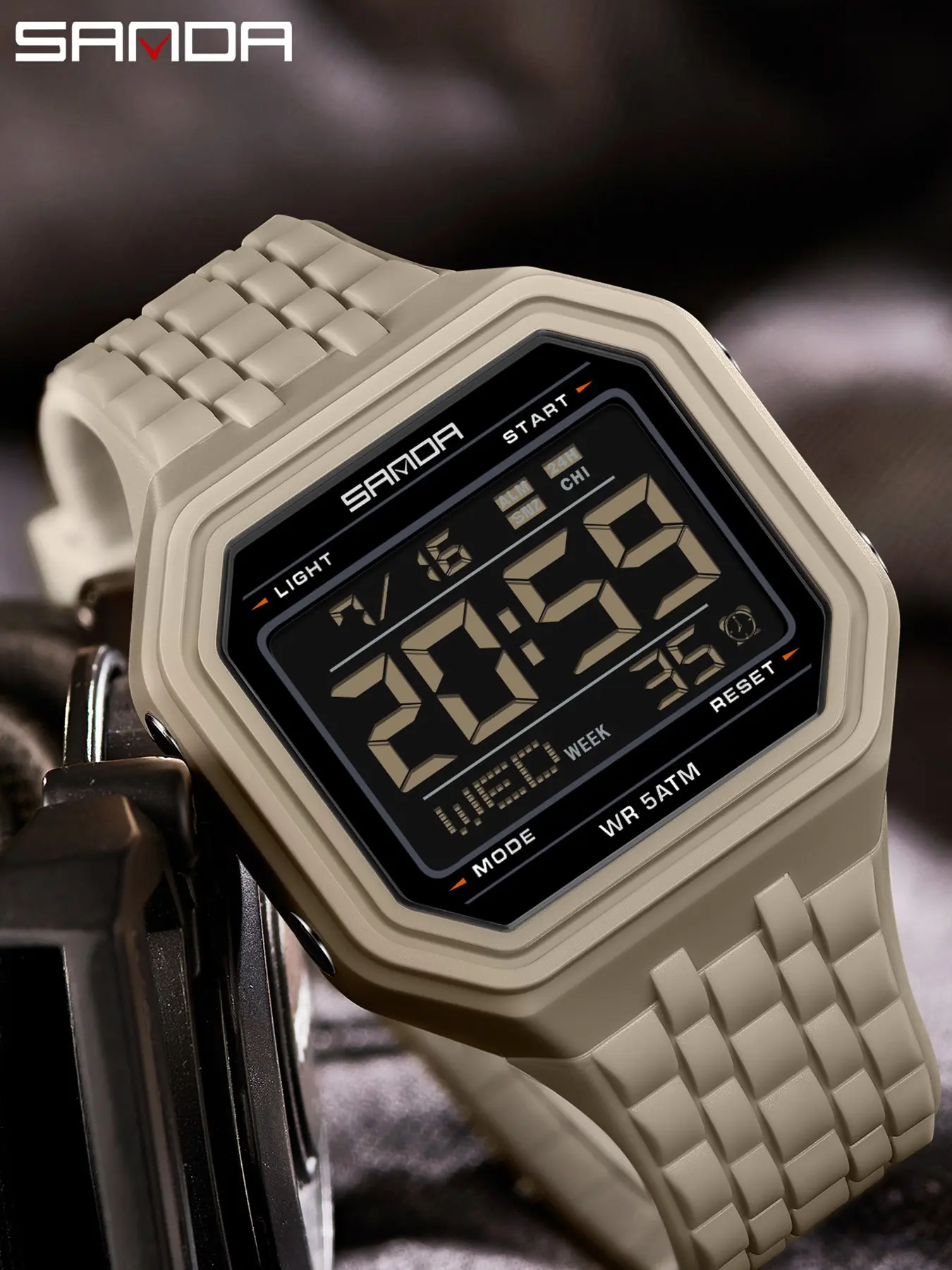 Sanda 6366 Retro Square Sports Electronic Watch, 5atm Waterproof, Night Light Screen, Dual Time Zone, Tpu Strap, Men's Outdoor Fitness Watch