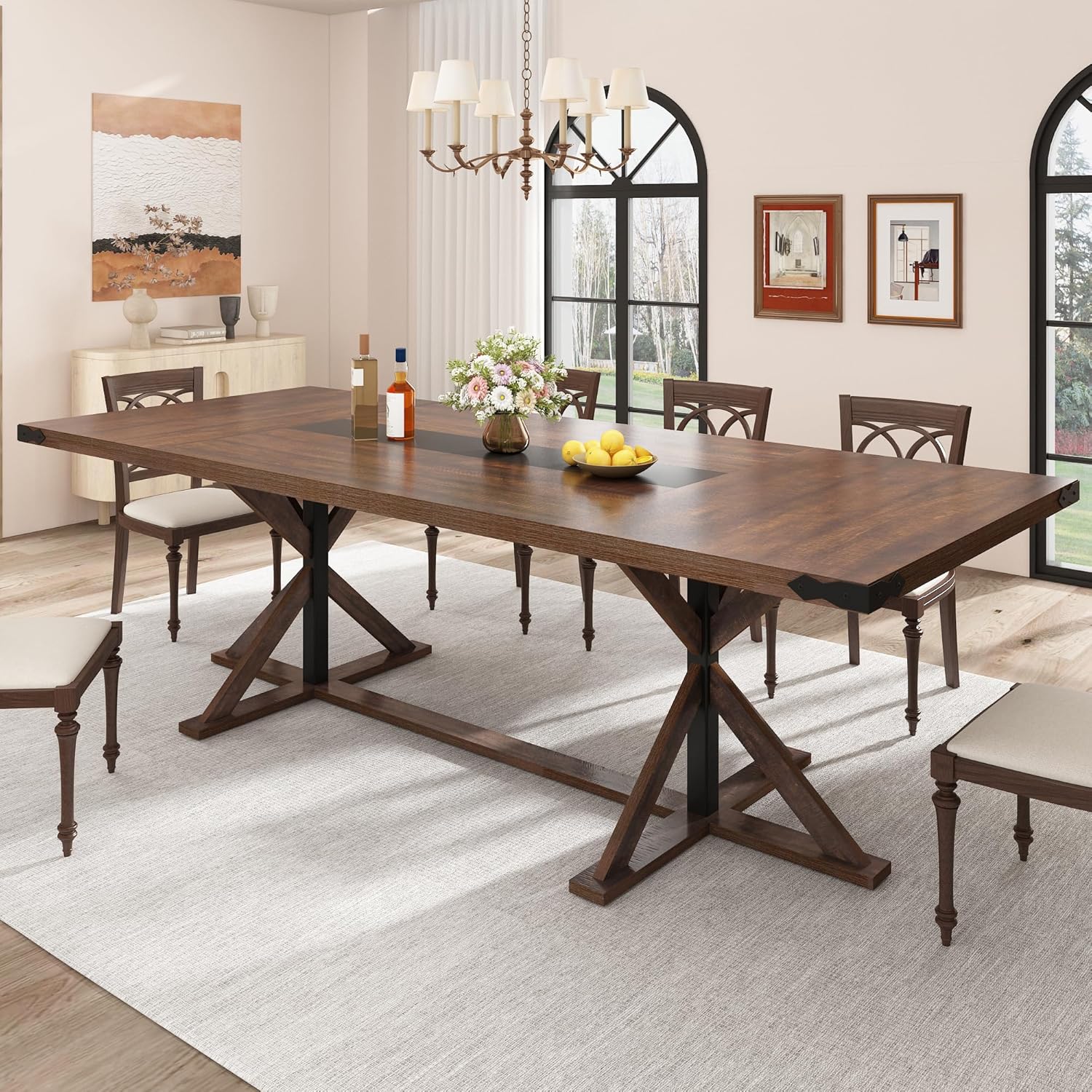 71inch/78inch/94inch Farmhouse Dining Table for 5 6 8 10 People,Rectangular Kitchen Table W/Thickness Waterproof Wood Grain Tabletop,6FT Large Rustic Dinner Table W/Adjustable Leg for Dining Living Room(Brown&black/Brown/Oak)