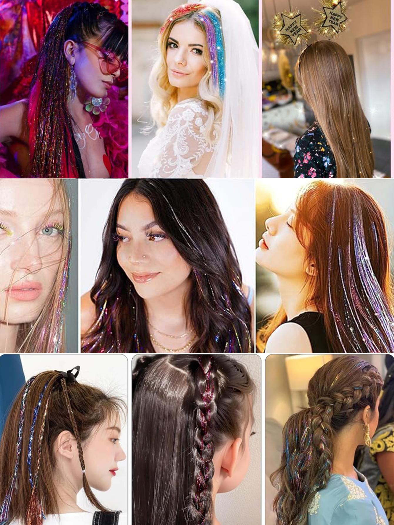 Clip in Hair Tinsel Synthetic 22 Inch Colorfull Tinsel Hair Extensions 12Pcs/Pack for Women Girls Party Christmas New Year Gift Synthetic Soft Hairpieces