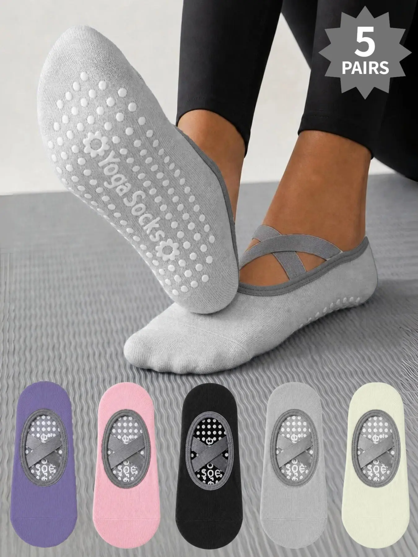 5-Pair Set of Women's Ballet-Style Non-Slip Invisible Ankle Socks with Rubber Nubs on the Soles—Perfect for Yoga, Pilates, and Dance—Macaron 5-Color Assortment