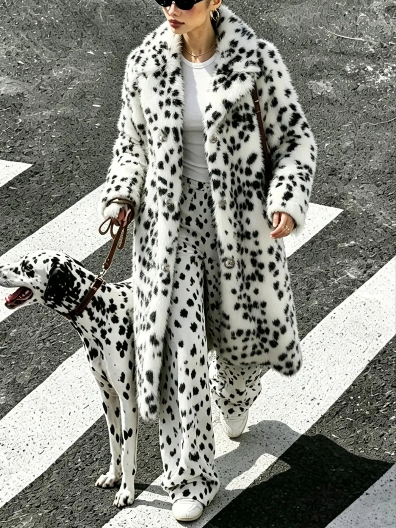 Women's Winter Fashion Warm Jacket, Dalmatian Spot Faux Fur Long Coat, Loose-Fitting Long Sleeve, Random Print, Plain Surface, Fashion Outerwear