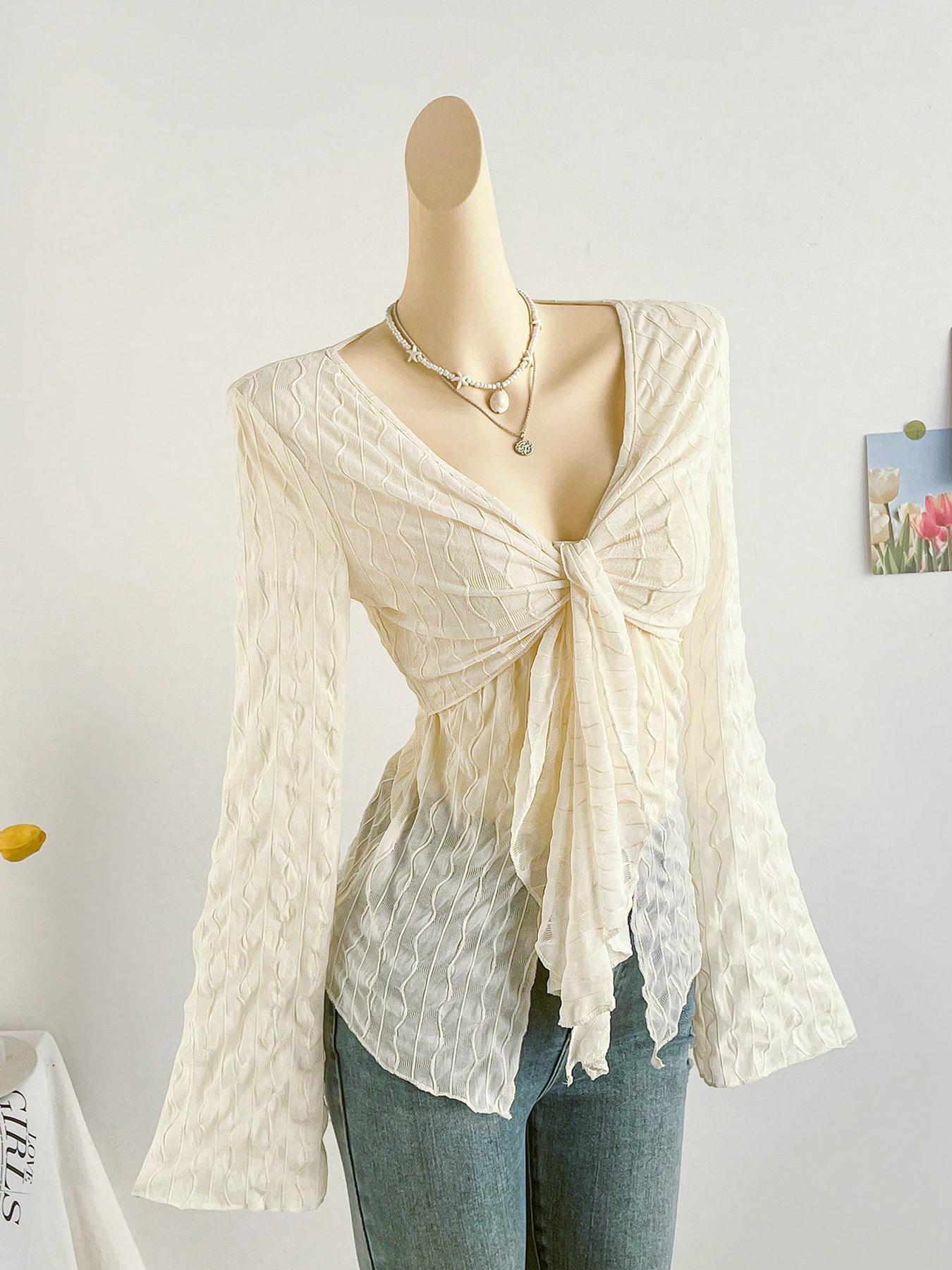 Women's Cute Sexy Button Tie Lace Top, Summer Woven Thin Fabric Loose Fit Blouse, Casual Fashionable Ladies' Clothing