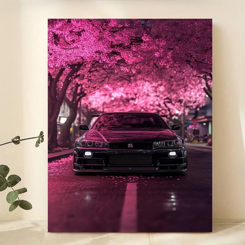 frameless canvas art print posters, Art Work For Wall Decor, realistic vehicle art, classic Japanese sports car R34 Under Cherry Blossoms, perfect gift for JDM vintage car enthusiasts, ideal gift for bedroom, living room,dormitory hallway, wall decoration