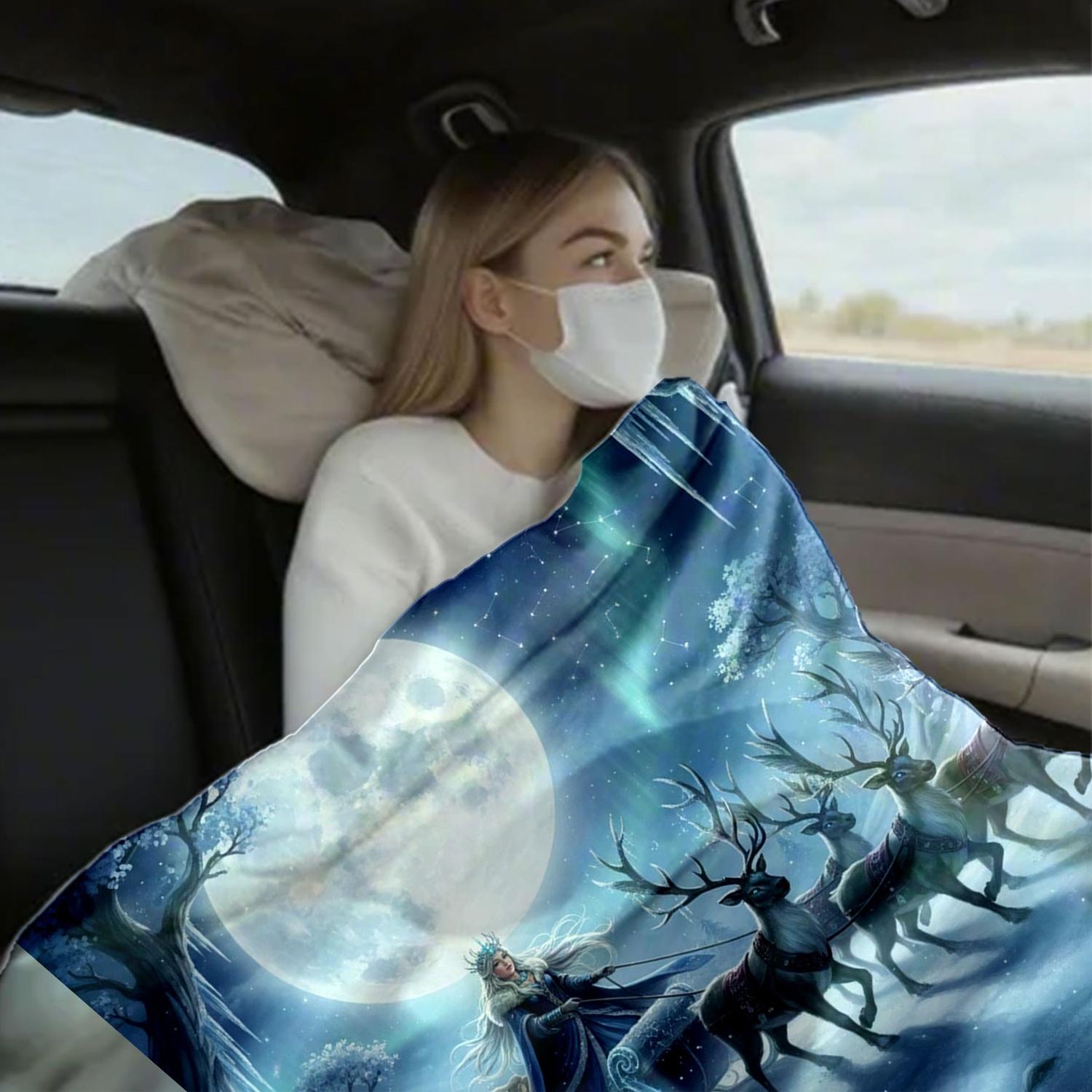 1pc Snow Queen Reindeer Sleigh Flannel Blanket, Super Soft Cozy Warm Throw for Sofa, Bed, Travel, Office, Camping, Luxury Adult Holiday Gift Decor.