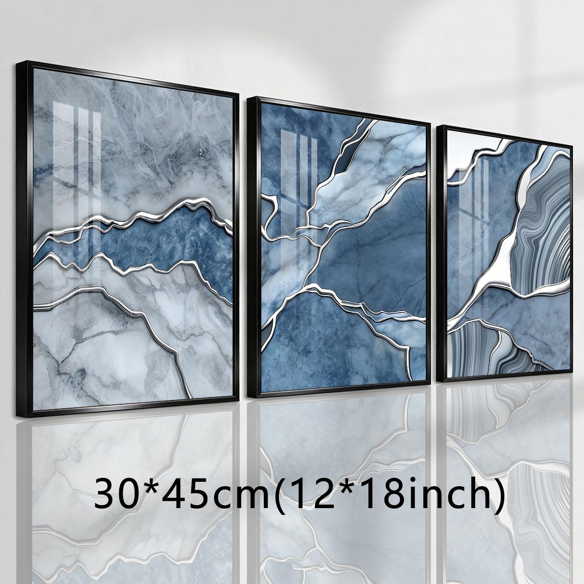3 Counts Aluminum Alloy Framed Painting, Abstract Blue Marble Texture Art Pictures, Home Decoration For Living Room, Bedroom, Office, Restaurant, Hallway Wall Decor, Odorless Print Artwork, Luxury Perfect Gift For Friends And Family