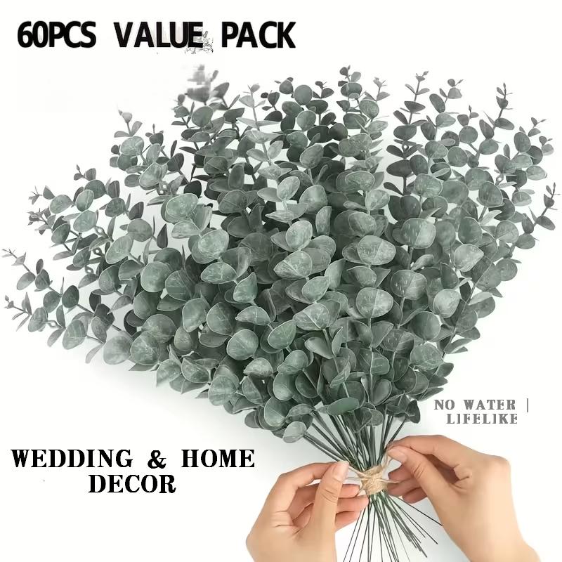 60pcs Artificial Eucalyptus Stems, Fake Eucalyptus Leaves, No Maintenance, Outdoor Home Decor, Wedding Bouquets, Vase Fillers, DIY Wreaths, Party Centerpieces