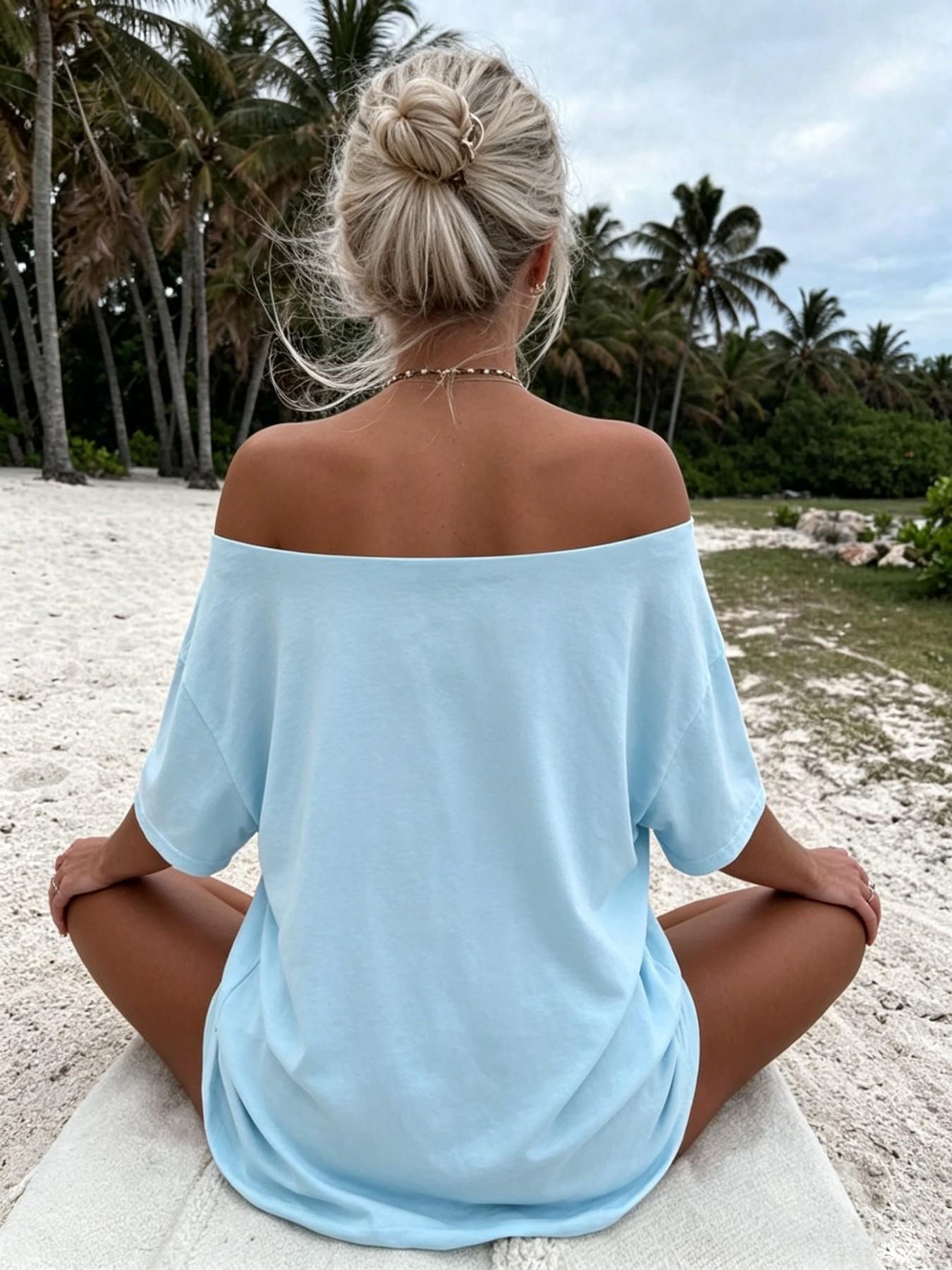 Women's Oceanic Turtle Print Off-Shoulder Loose Summer T-Shirt, Casual Fashion Loose, Casual Short Sleeve Bohemian Beach Top, Boho Casual Wear