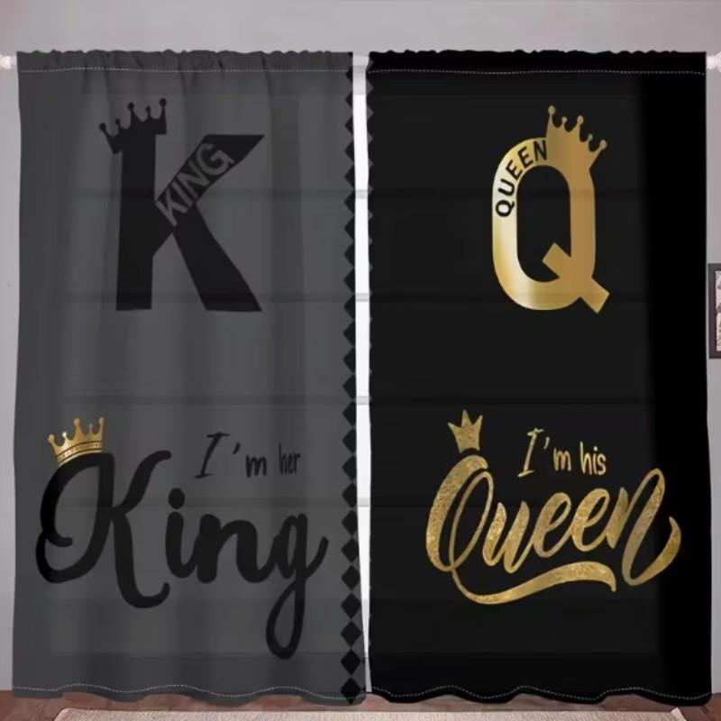 2 pieces of black text and golden crown artistic design printed curtains for king and queen. Made of polyester, semi-transparent material, machine washable. Suitable for bedrooms, living rooms and home decoration.