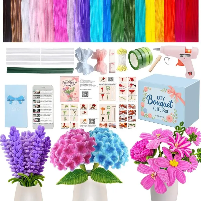 1300PCS Pipe Cleaner Flower Kit with Glue Gun, DIY Bouquet Making Supplies, Chenille Stem Craft Set for Home Decor, Gifts & Creative Projects