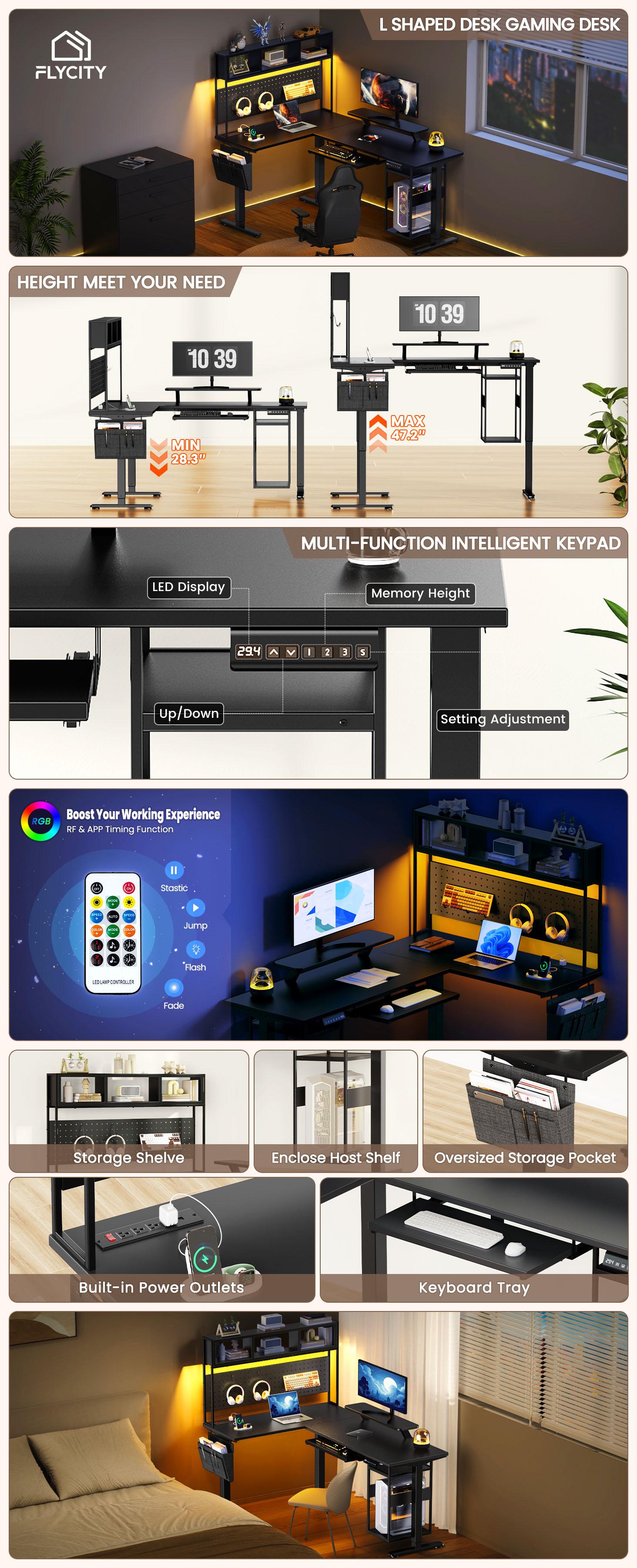 Flycity Electric L-Shaped Standing Desk 67" x 47" Corner with Host Shelf, Gaming Desk with LED Lights, Dual Motor Ergonomic Adjustable