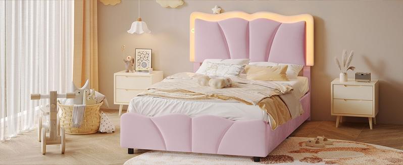Sikaic Upholstered Platform Led Bed Frame with USB Ports Drawers Pink Furniture Corner Headboard Bedroom Set Bedframe