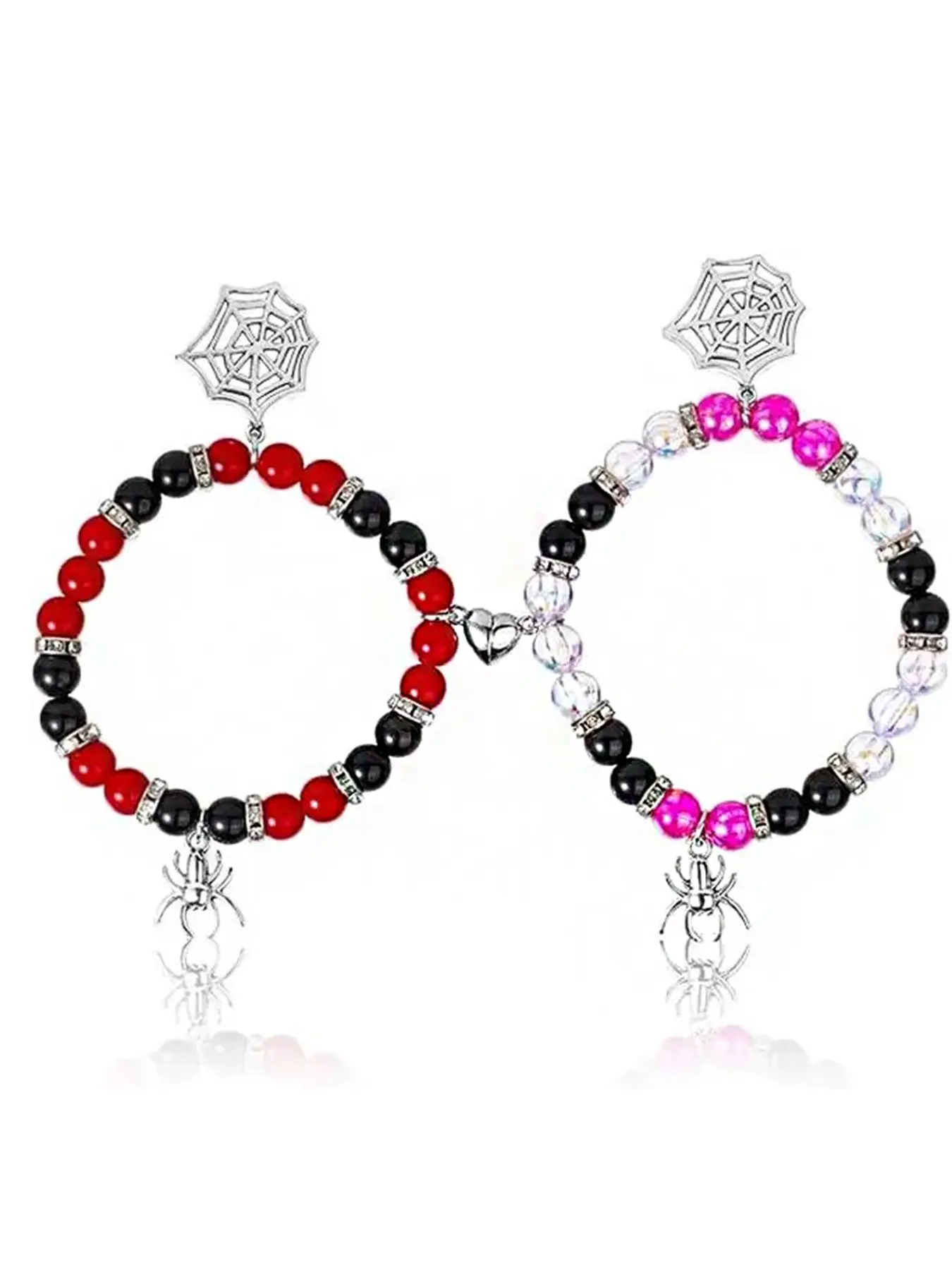 2-Piece Spider Friendship Bracelet Set – Gothic Spider & Bead Design with Creative Heart-Shaped Magnetic Clasp (Parallel Universe Series / Shadow Spider-Man Style); Unisex – A Gift for Women, Teen Girls, Best Friends, or Couples.