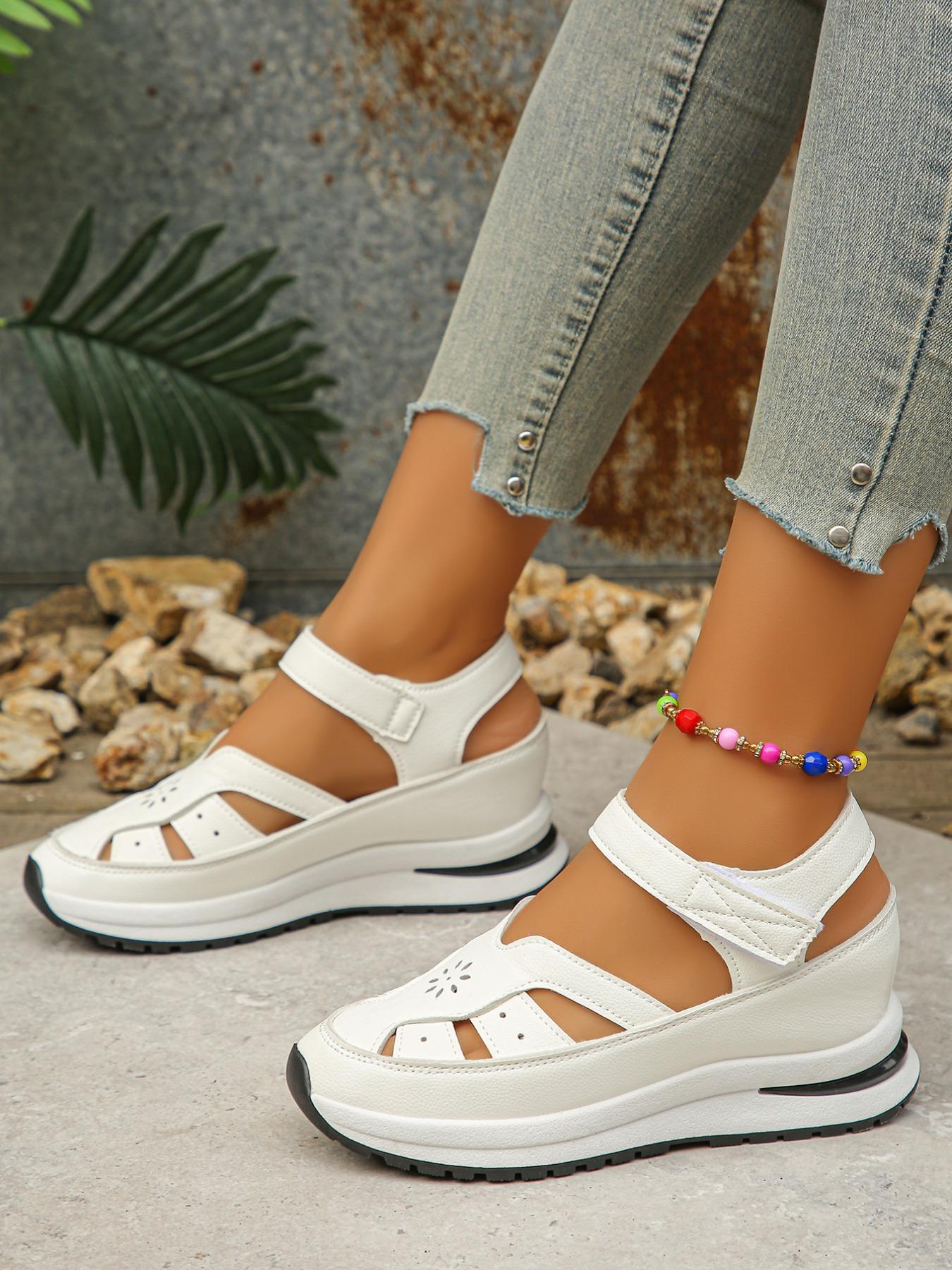 Women's Hollow Out Wedge Heel Thick Sole Invisible Height Boost Velcro Sports Casual Shoes, Comfortable PU Leather Rubber Sole