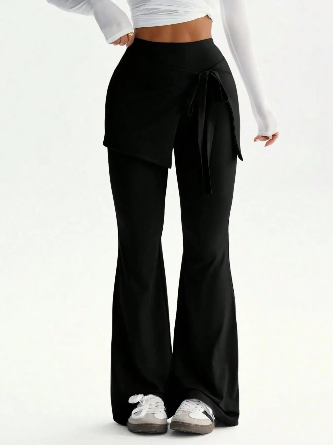 Women's High Waist Wide Leg Pants with Asymmetrical Wrap Overlay and Side Tie Detail, Flowing Long Silhouette for Casual Everyday Wear, Vacation Outfits, Streetwear, Date Night and Modern Elegant Styling